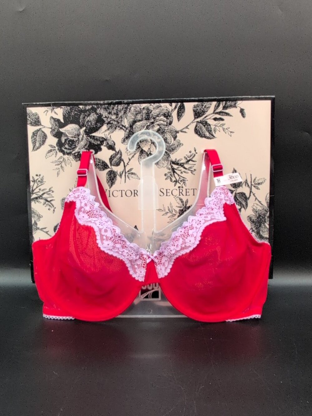 Victoria Secret Tease Lace Trim Unlined Demi Bra 36DD Bright Vermillion Lilac